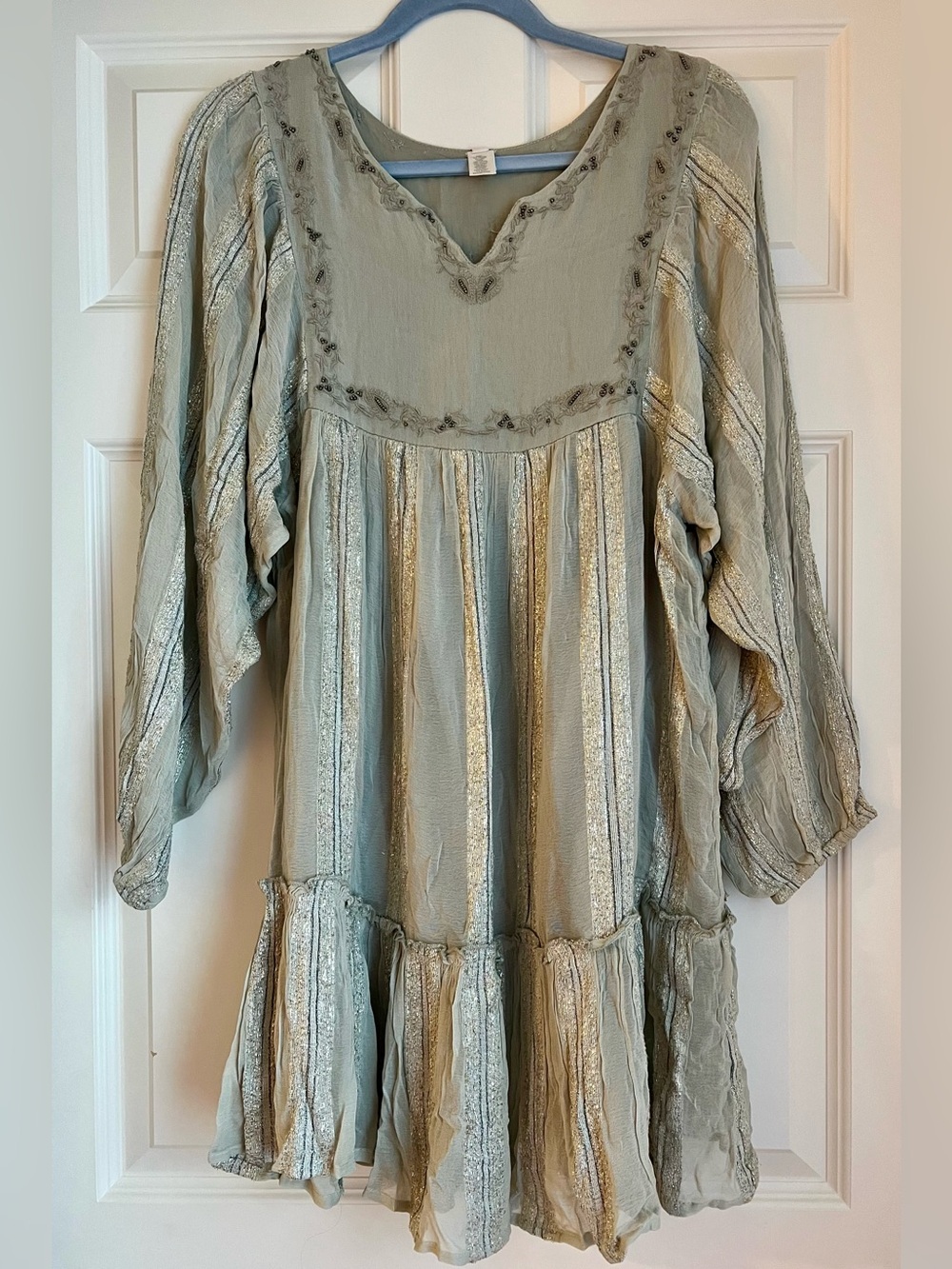 Raga Boho Embroidered Tiered Tunic Dress in Light Sage Green with Silver Stripes